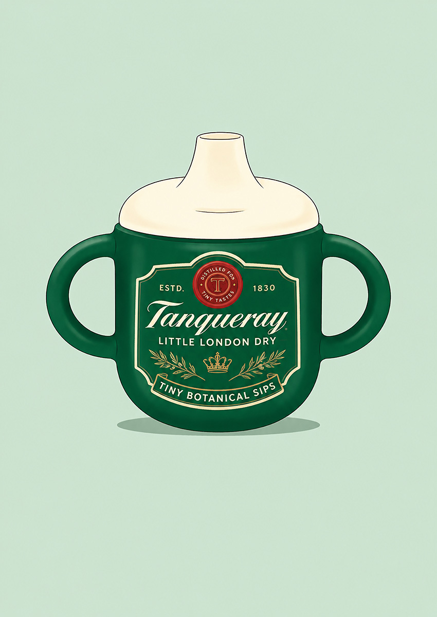 Illustration of a green baby bottle featuring a Tanqueray style gin label design on a light background